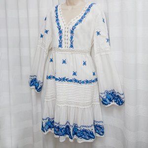 Blue & White Embroidered Crochet Cotton Bohemian Dress